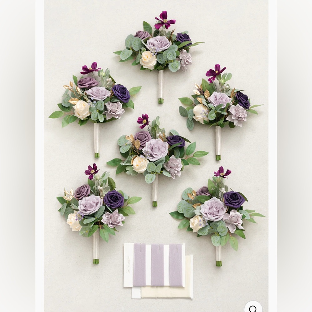 7 Bridesmaids Elegant Floral Bouquet Set - Purple and Cream